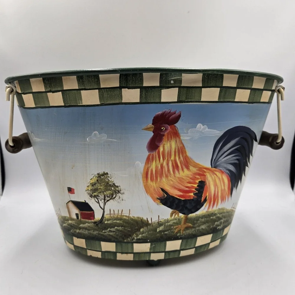 Handpainted Rooster Decorative Large Tin Pail Bucket 13x9